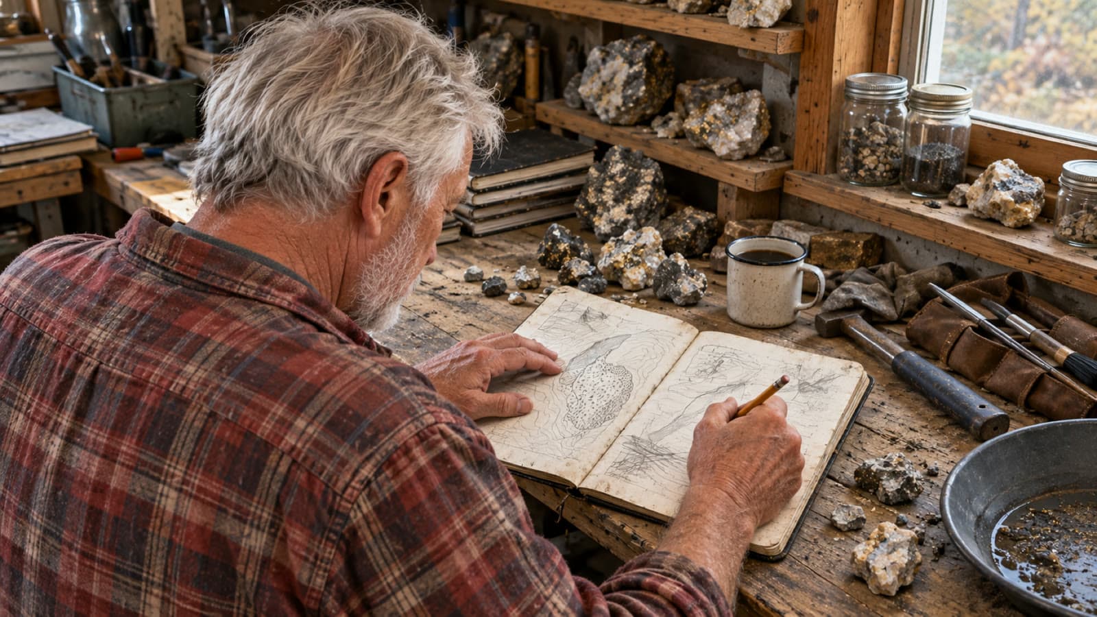 Clay writing in a field notebook at his workbench